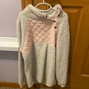 grey and pink button up sweater